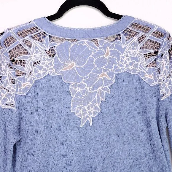 Free People Top Easy Breezy Lace Large Floral Applique Henley Long Sleeve Knit - Picture 9 of 14